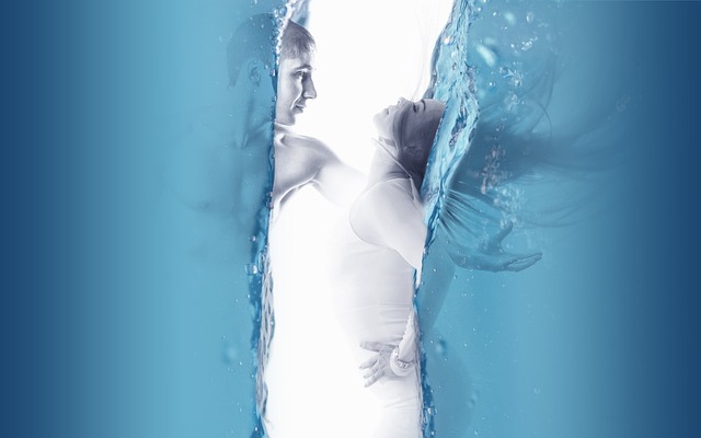 woman, man, water, pair, together, passion, relationship, male, female, abstract, blue water, art, nature, surreal