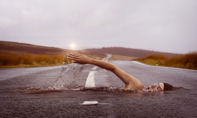 swimmer, nature, swim, road, street, surreal, fantasy, sport, water, dream, swim stroke, human, photomontage, photo manipulation