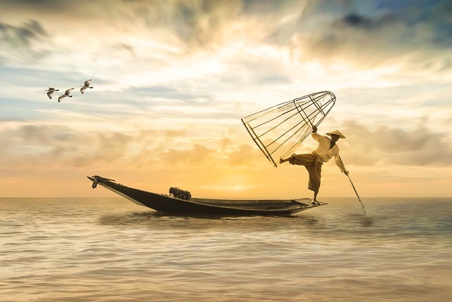 fisherman, fishing boat, boat, fishing, sea, water, nature background, lake, fishing net, sky, sunset, clouds, mood, abendstimmung, evening sky, nature, silent, atmospheric, beautiful nature, photomon