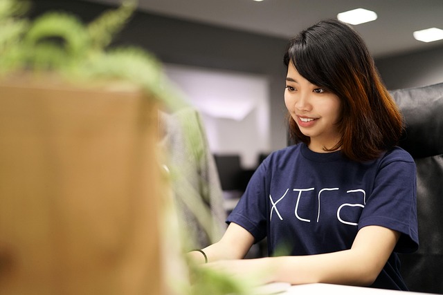 asian, japanese, girl, woman, pretty, cute, face, smile, smiling, typing, working, sitting, office worker, office, office work, brown office, brown work, brown smile, office worker, office worker, off