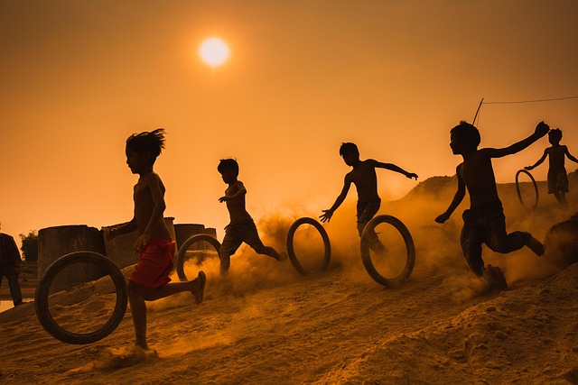 children, kids, childhood, nature, games, play, fun, playful, silhouettes, sunset, vietnam